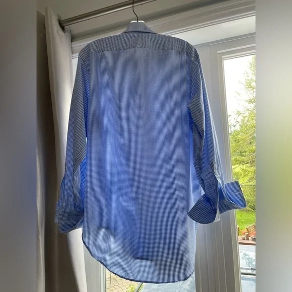 T.M. Lewin - Blue and white checkered dress button down shirt. Double cuff. - Picture 2 of 4